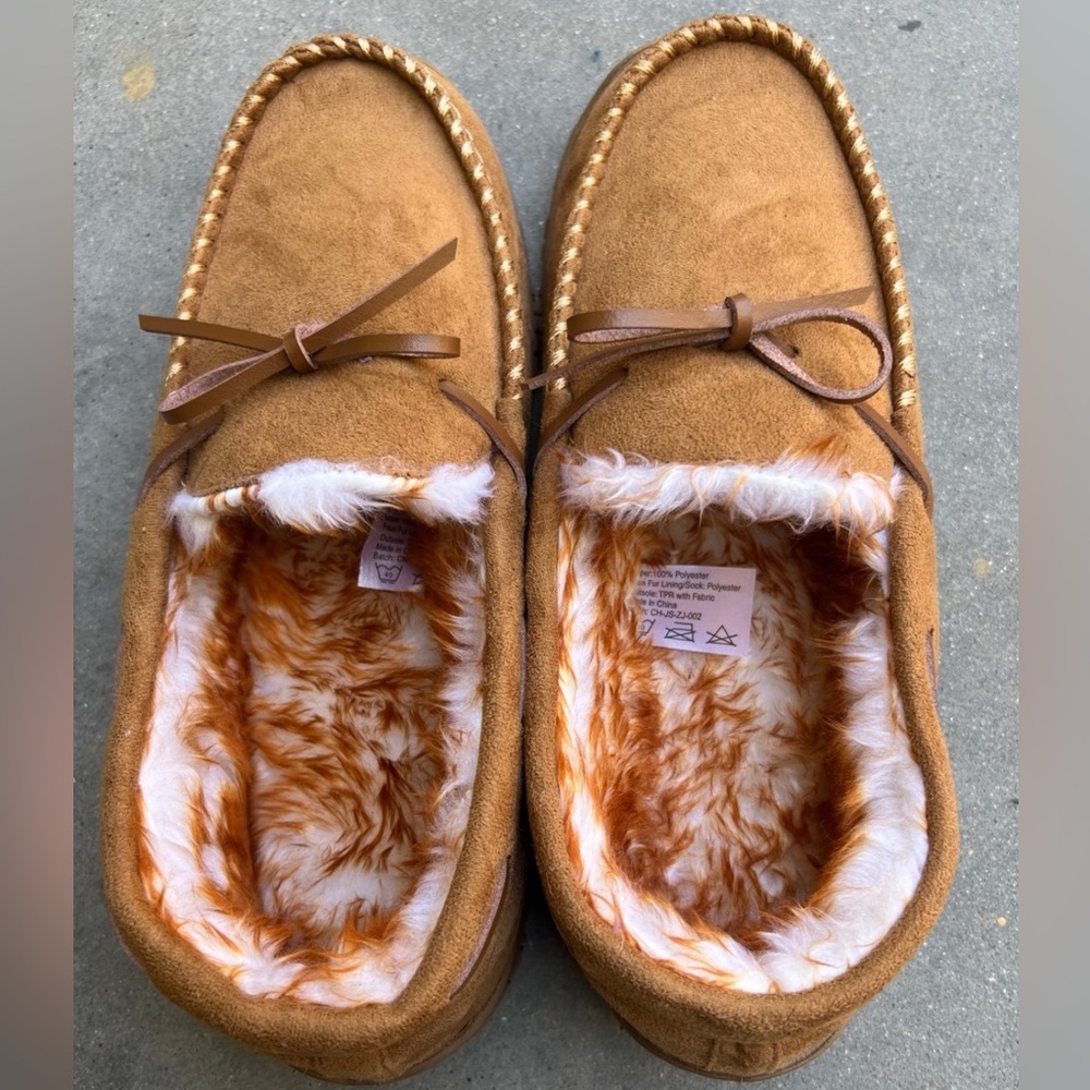 Brown Suede Moccasin Slippers with Faux Fur Lining